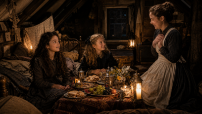 Three young women in vintage clothing share a candlelit tea in a cozy attic room, smiling at each other over a table full of snacks and flowers.