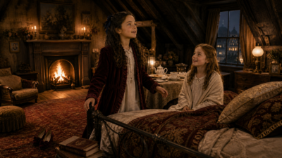Two young girls in old-fashioned nightgowns in a warmly lit, ornate room; one stands by the bed while the other sits smiling nearby, with a tea setup on the table behind them.