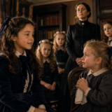 Young girls in a vintage classroom, one girl speaks to a tearful seated classmate as adults observe in the background