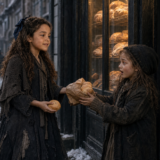 Two ragged girls share bread outside a bakery on a snowy street while an older woman watches from the doorway.