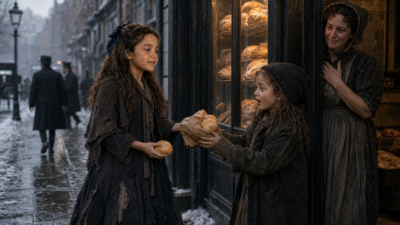 Two ragged girls share bread outside a bakery on a snowy street while an older woman watches from the doorway.