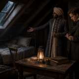 Two men in period clothing stand in a dusty attic around a wooden table with a lit lantern; one gestures toward a window while the other looks at a phone.