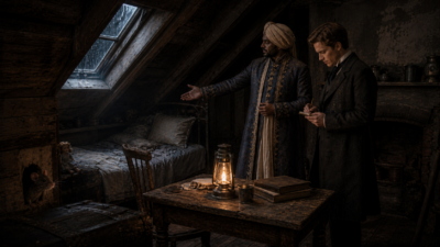 Two men in period clothing stand in a dusty attic around a wooden table with a lit lantern; one gestures toward a window while the other looks at a phone.