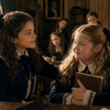 Two girls in navy uniforms converse at wooden desks in a vintage classroom as classmates watch with varied expressions, one holding a book.