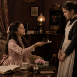 Period-dressed girl seated at a desk offers a slice of cake to another girl in a dark, cozy parlor by a firelight glow c. 19th century interior.