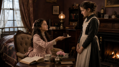 Period-dressed girl seated at a desk offers a slice of cake to another girl in a dark, cozy parlor by a firelight glow c. 19th century interior.