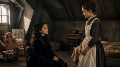 Two girls in period clothing converse in a dim attic; one sits in a black dress, the other stands in a gray dress with an apron, with a dollhouse and gifts nearby in the background.