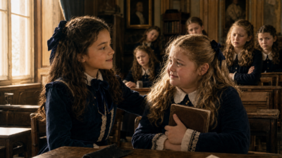 Two girls in navy uniforms converse at wooden desks in a vintage classroom as classmates watch with varied expressions, one holding a book.