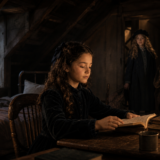 A young girl sits at a wooden desk reading a book by an oil lamp in a dim attic, while two other girls stand nearby in the background.