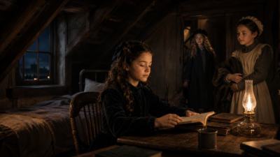 A young girl sits at a wooden desk reading a book by an oil lamp in a dim attic, while two other girls stand nearby in the background.
