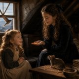 A woman sits with a young girl in an old attic, a small rabbit on the table between them as light filters through a nearby window with a bird flying outside