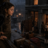 Young woman leans on a stone balcony watching a busy, lamplit street market at night with open storefronts and people inside nearby buildings.