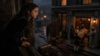 Young woman leans on a stone balcony watching a busy, lamplit street market at night with open storefronts and people inside nearby buildings.