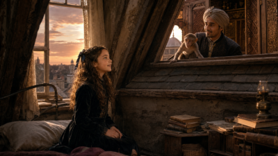 Young woman sits in a dusty attic at sunset, speaking with a man in a turban peering through a window, a small monkey beside him and books nearby.