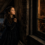 Young girl in a dark Victorian dress kneels and prays by a rough stone wall in a dusty attic, while a warmly lit room with two men in antique chairs is visible through a window.