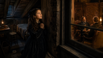 Young girl in a dark Victorian dress kneels and prays by a rough stone wall in a dusty attic, while a warmly lit room with two men in antique chairs is visible through a window.