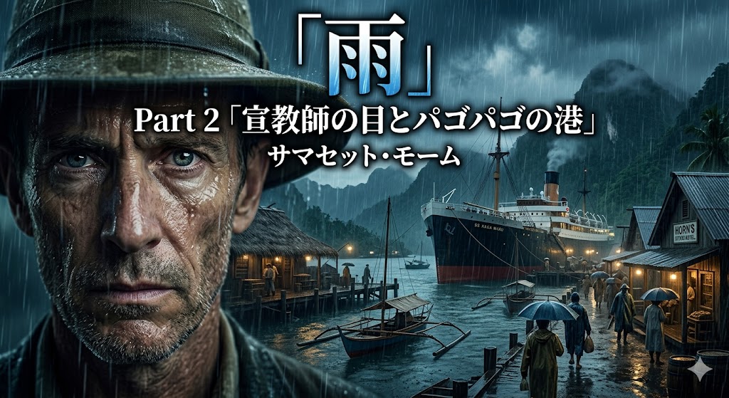 Poster with a stern man in the rain on the left and a stormy port with a large ship on the right, overlaid with Japanese title text