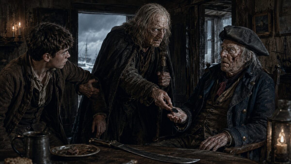 Three rugged men in a dark, old tavern; a standing man offers a coin to a seated, scarred elder while another man grips his arm.