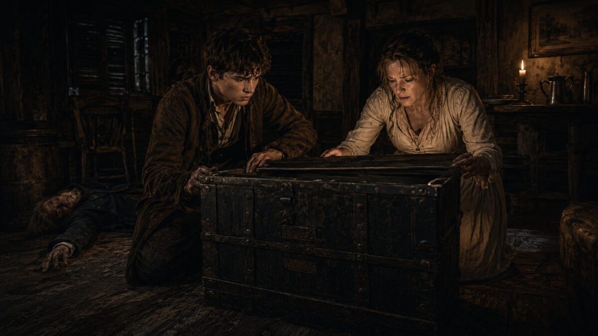 Two adults crouch beside a large dark trunk in a dim, old room; a body lies on the floor nearby, lit by a candle.