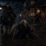 Nighttime street scene: an old man crawls through muddy ground, reaching forward with a cane as riders on horseback, carrying lanterns, approach under a full moon.