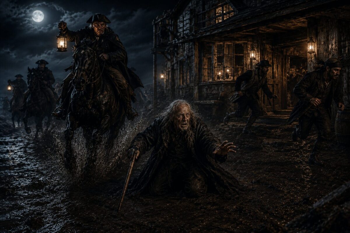 Nighttime street scene: an old man crawls through muddy ground, reaching forward with a cane as riders on horseback, carrying lanterns, approach under a full moon.