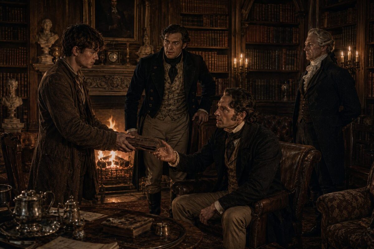 Young man hands a wrapped package to a seated man in a dim library by the fireplace.