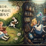 Whimsical split scene: left shows two girls reading in a sunny garden with daisies as a white rabbit hurries by; right portrays a girl in a root-house filled with bottles, shelves, and a door to a sunlit garden beyond.