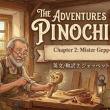 Illustrated cover: Geppetto carving a wooden puppet in his cozy workshop, with tools and a cat at the window.