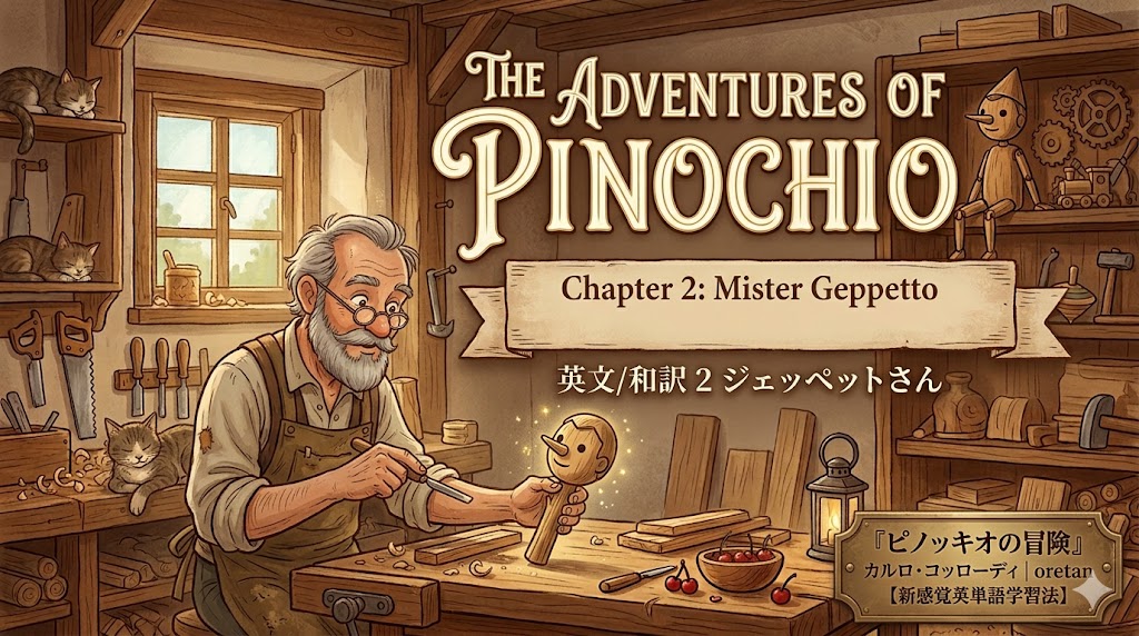 Illustrated cover: Geppetto carving a wooden puppet in his cozy workshop, with tools and a cat at the window.
