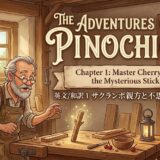 Book cover for The Adventures of Pinocchio: Chapter 1 Master Cherry and the Mysterious Stick, showing an elderly woodworker in a workshop with tools and a glowing stick.