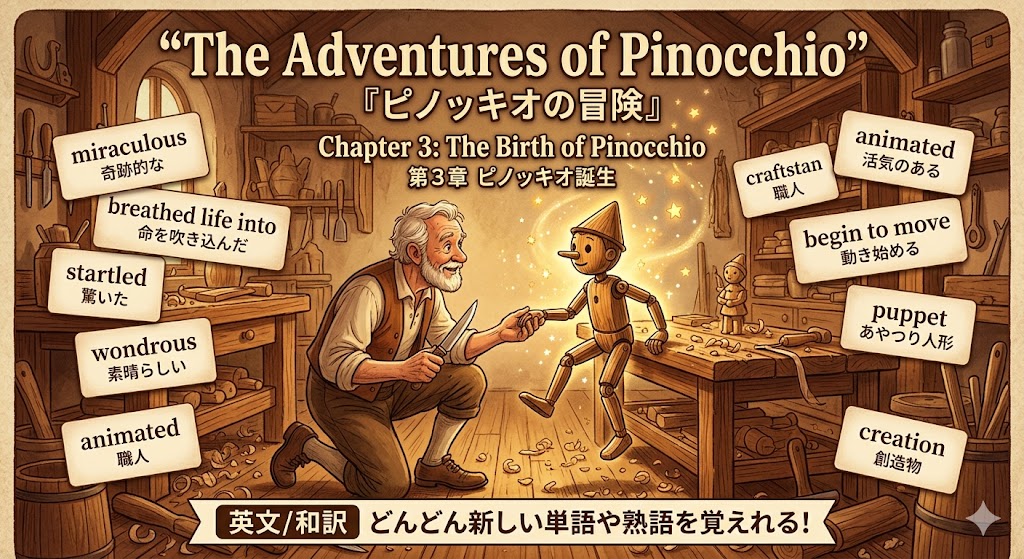 『ピノッキオの冒険』　英文/和訳　どんどん新しい単語や熟語を覚えれる　　3ピノッキオ誕生