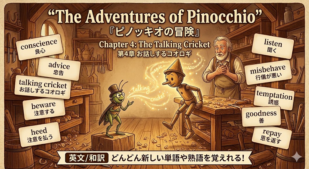 『ピノッキオの冒険』　英文/和訳　どんどん新しい単語や熟語を覚えれる　　4 お話しするコオロギ