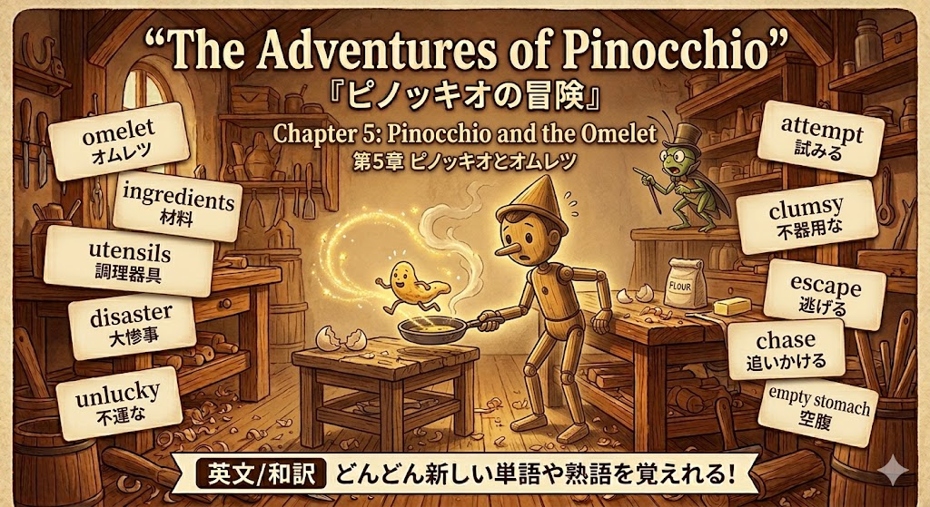 Pinocchio as a wooden chef in a cozy workshop, stirring a pan with vocabulary cards floating around.
