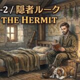 Luke the Hermit sits by a lit lamp reading a book in a stone cabin, with a bed, telescope, shelves, and a sleeping dog nearby.