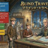 An elderly man guides two boys through a large map at a desk in a cozy library; a parrot sits nearby as shelves line the room and a window glows at night. The title Blind Travel appears at the top, with colorful panels on the left.
