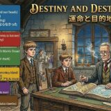 Old man teacher at a map-filled desk guiding two boys; colorful labeled blocks flank the scene with a parrot on the desk.