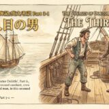 Vintage ship deck illustration with a sailing vessel at sea on the left and a stern talk between a sailor and a gentleman in a coat on the right, plus a boy and crew members; title 'The Third Man' above.