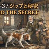 Thumbnail for Part 2-3: ジップと秘密 / JIP AND THE SECRET — an old man and a boy examine a dog in a rustic stone room lit by a lamp, with books and shelves in the background.