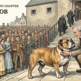 Book cover illustration: an elderly man kneels to pet a Bulldog on courthouse steps as a crowd watches behind a railing.