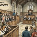 Crowded courtroom with a bulldog in the defendant's dock, two men holding it, and a judge presiding over the proceedings.
