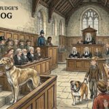Courtroom scene titled 'The Judge's Dog': the judge presides as a large dog sits at the front with a boy holding its leash, surrounded by jurors and officials.