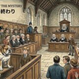 Courtroom scene with a boy and a bulldog in the defendant's box, surrounded by jurors and judges.
