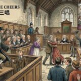 In a detailed courtroom scene, a man steps forward toward the jury as a bulldog stands at the railing and a boy watches nearby, with a crowd applauding behind them.