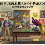 Humorous illustration of a study with a purple bird-of-paradise on a desk, labeled with various English and Japanese notes and characters nearby.