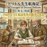 Cover illustration showing a boy and Doctor Dolittle at a desk with a monkey, two parrots, globes, and books for The Voyages of Doctor Dolittle Part 1-15 I Become the Doctor’s Assistant.