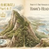 Book cover illustration for The Voyages of Doctor Dolittle: Hawk's-Head Mountain, with an old man, a boy, a dog, and a parrot overlooking a rocky coastal landscape.