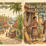 Book cover split: left tropical village with colorful houses and palm trees; right market scene with a vendor and a well-dressed man with a cane, text for The Bed-Maker of Monteverde/Doctor Dolittle.