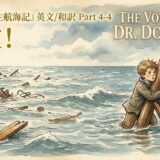 Vintage poster of The Voyages of Dr. Dolittle: a boy clings to a wooden beam in rough seas with wrecked ships and barrels around him, title text visible above.