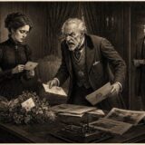 Dramatic Victorian scene: an angry older man confronts a woman as they hand over letters at an ornate desk, while a third man watches in the background.