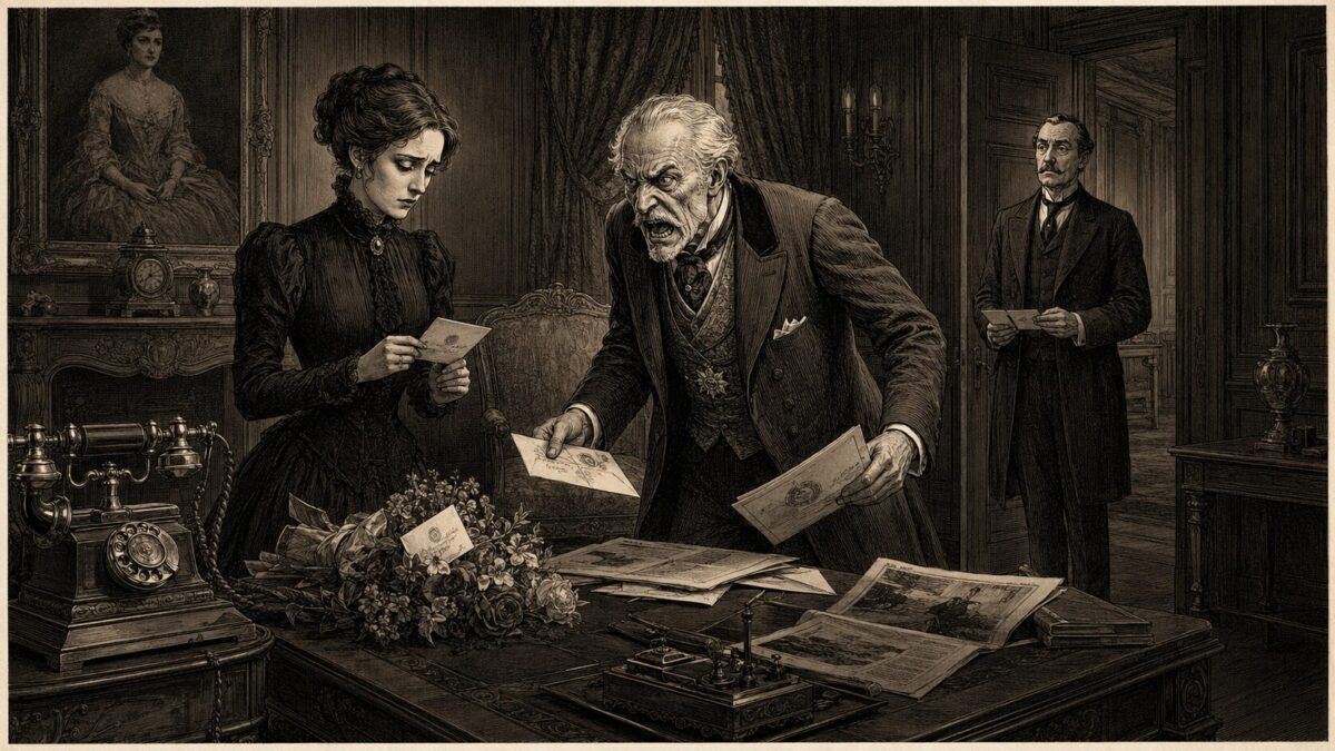 Dramatic Victorian scene: an angry older man confronts a woman as they hand over letters at an ornate desk, while a third man watches in the background.
